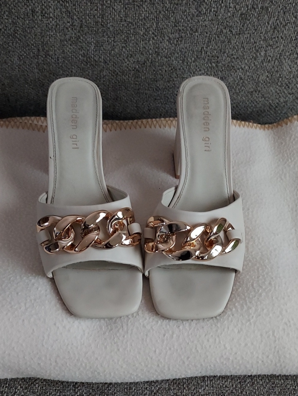 Madden Girl White Slide Mules with Gold Chain